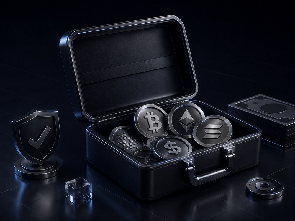 Open metallic case filled with dark coins