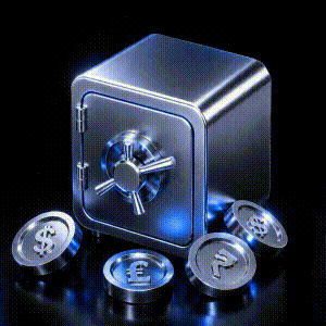 Animated cube surrounded by blue crypto coins