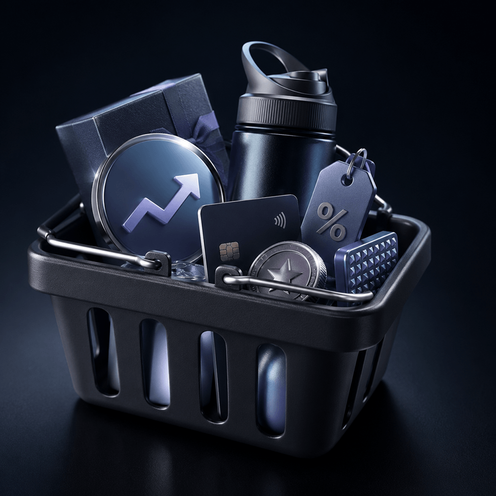 Shopping basket packed with metallic gift boxes and coins
