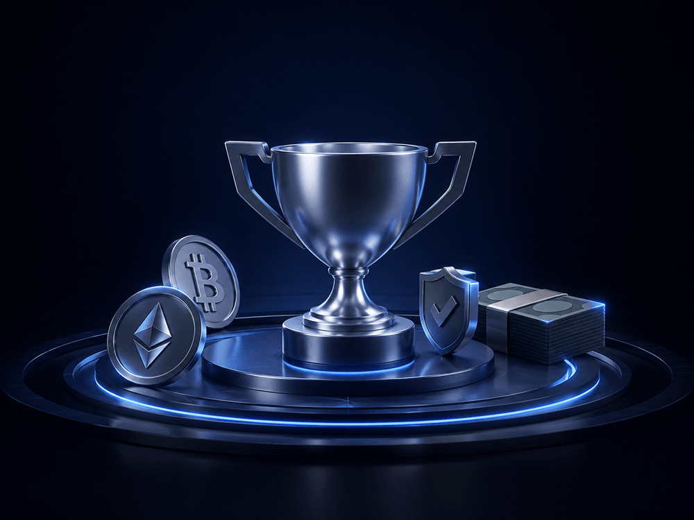Silver trophy cup and coins on a glowing pedestal